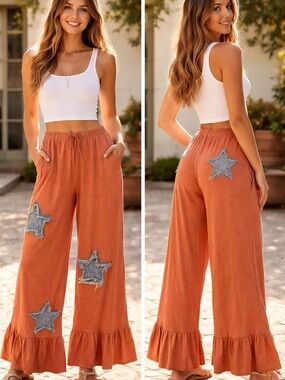 Upcycled Rust Orange Maxi Skirt with Distressed Denim Star Patches